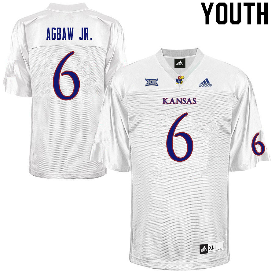 Youth #6 Valerian Agbaw Jr. Kansas Jayhawks College Football Jerseys Sale-White - Click Image to Close